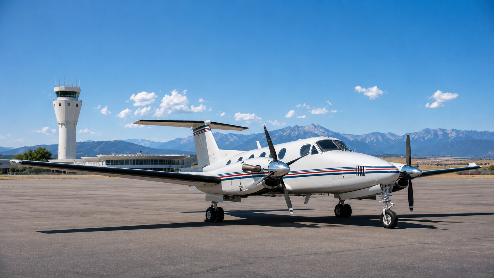 King Air turboprop on the ramp with the Rocky Mountains in the background